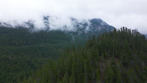 Aerial-circling-mountain-with-coniferous-forest,-mountain-among-clouds-in-background