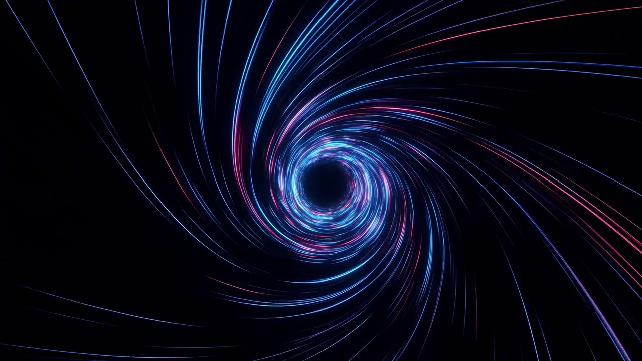 Frontalt syn av glødende neon spiralvirvel med tynne cyan-, blå-, magenta- og lilla tråder som sirkler rundt et mørkt sentralt tomrom, som skaper sterk kontrast, dybde og futuristisk energi, med spiral, virvel