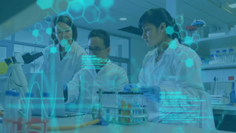 animación del procesamiento de datos científicos sobre diversos científicos en el laboratorio