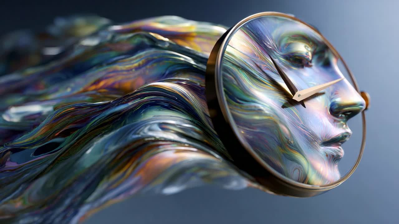 An ethereal and mesmerizing fusion of time and beauty, this artistic representation portrays a flowing face made of colorful waves, intertwined with a luxurious clock, evoking a dreamlike sensation