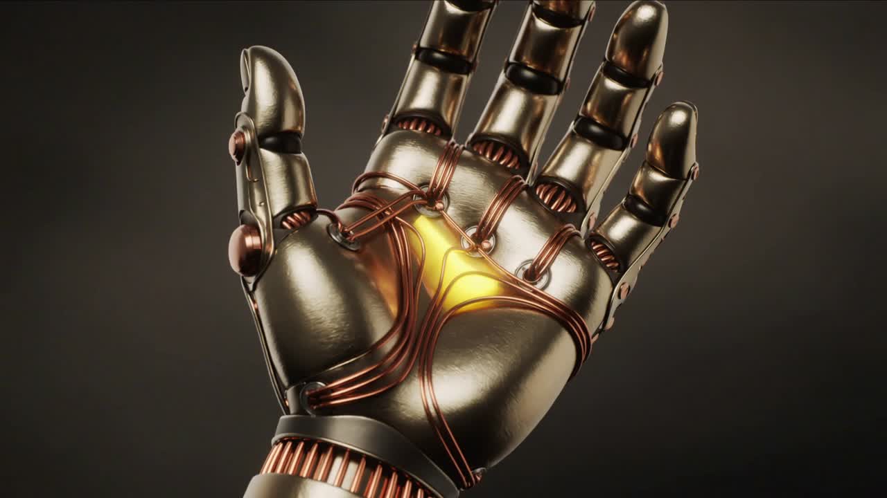 Camera zooming in on robotic hand rotating in studio, copper wiring converging, core brightening