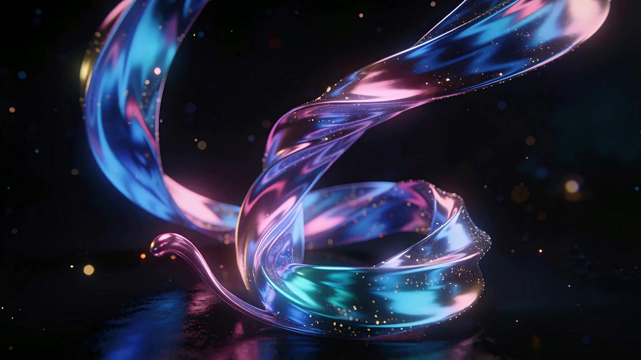 Rotating after spin, iridescent ribbon form coiling onto glossy black floor with gold flecks