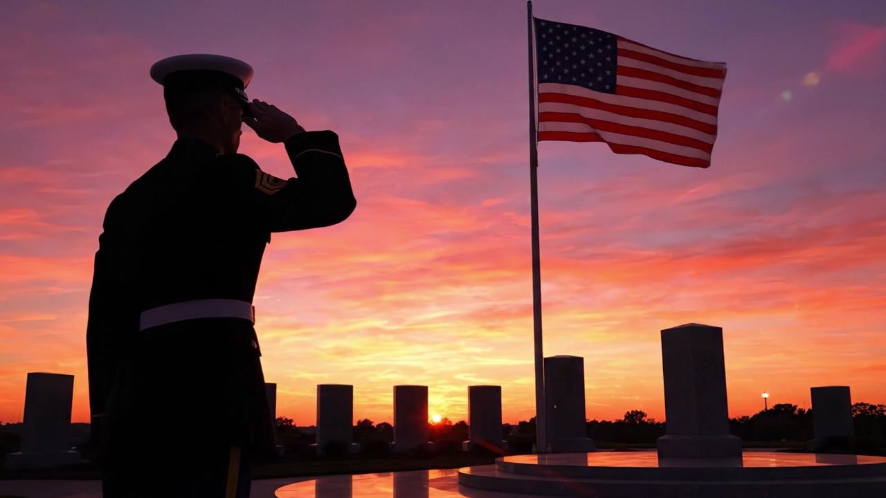 Un tributo di un soldato: che saluta la bandiera americana contro uno sfondo di tramonto mozzafiato, enfatizzando onore e patriottismo in un momento di riverenza.