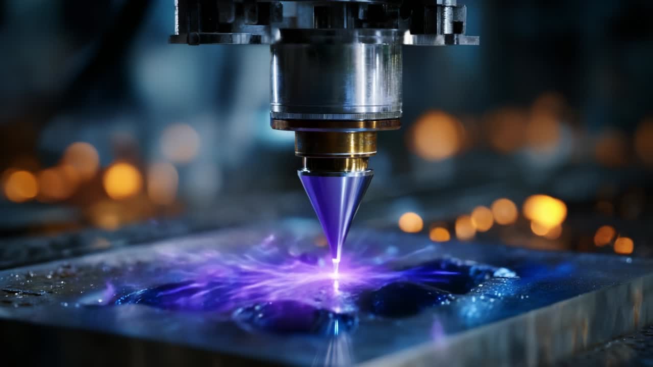 High-Precision Laser Cutting Process Captured in Two Frames, Showcasing a Laser's Intense Beam Creating Intricate Designs on Metal Surfaces with Vibrant Color Effects in an Industrial Setting