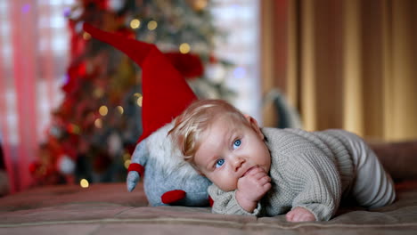 Beautiful baby boy with blond hair lies with his finger in the mouth. Kid with a gnome in red cap close up. Christmas tree at backdrop in blur.