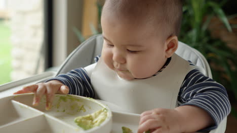 Süßes-Baby,-Das-Mit-Fester-Avocado-Spielt-Und-Auf-Dem-Säuglingsteller-Herumknallt-Und-Kaut