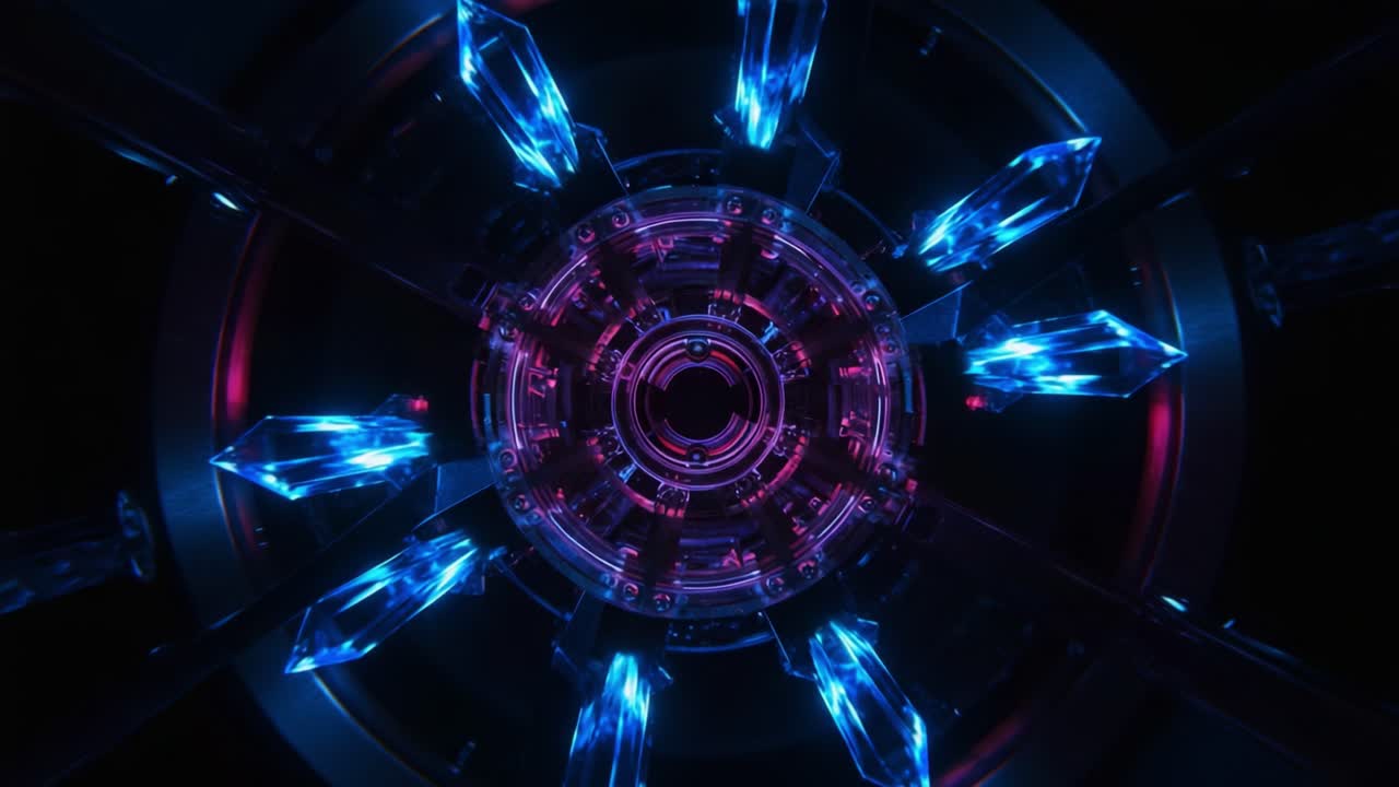 A Stunning Visual of an Intricate Sci-Fi Mechanism with Radiant Blue and Pink Crystals Surrounded by a Dark Background, Exemplifying Futuristic Design and Aesthetic