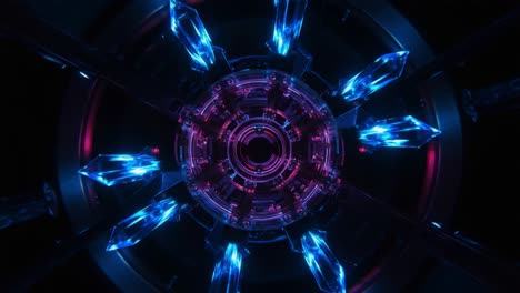a stunning visual of an intricate sci-fi mechanism with radiant blue and pink crystals surrounded by a dark background, exemplifying futuristic design and aesthetic