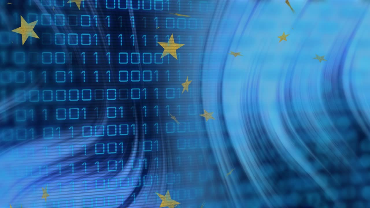 Loop starting binary grid scanning left while ripple swirling inward, stars drifting for branding