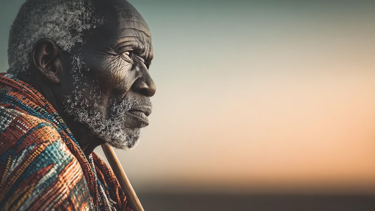 Un ritratto di saggezza: Un uomo anziano che contempla l'orizzonte, che incarna forza e resilienza su uno sfondo di un bellissimo tramonto.