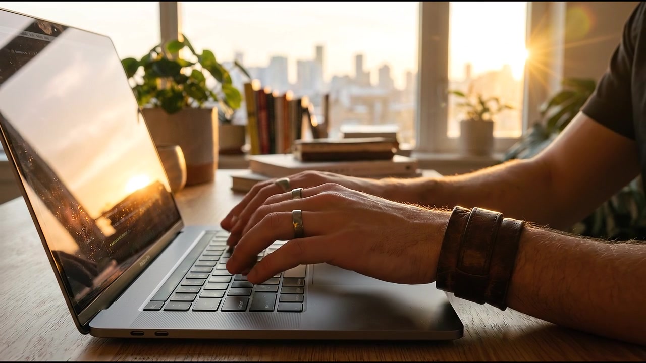 Remote-Arbeiter arbeitet am Laptop nahe einem Wohnungsfenster bei Sonnenaufgang, mit Büchern, Pflanzen und warmem Morgenlicht.