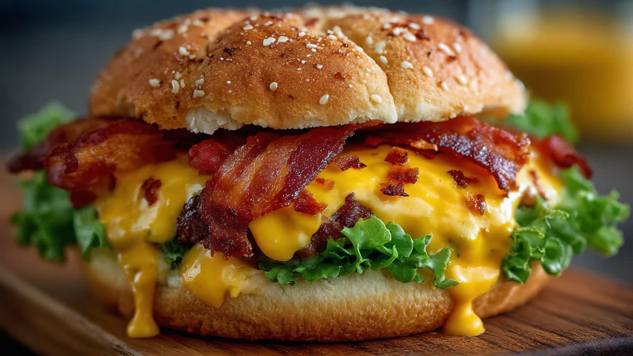 究極の味覚体験を叶える、とろけるチーズとカリカリベーコンの絶品グルメバーガー。ふわふわのバンズに新鮮なレタスと風味豊かなトッピングを添えて。
