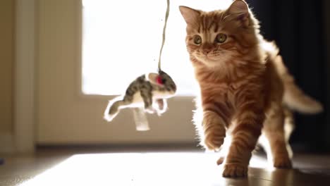 playful kitten chases toy mouse in cheerful indoor setting, captivating moments of feline curiosity and adventure under soft sunlight