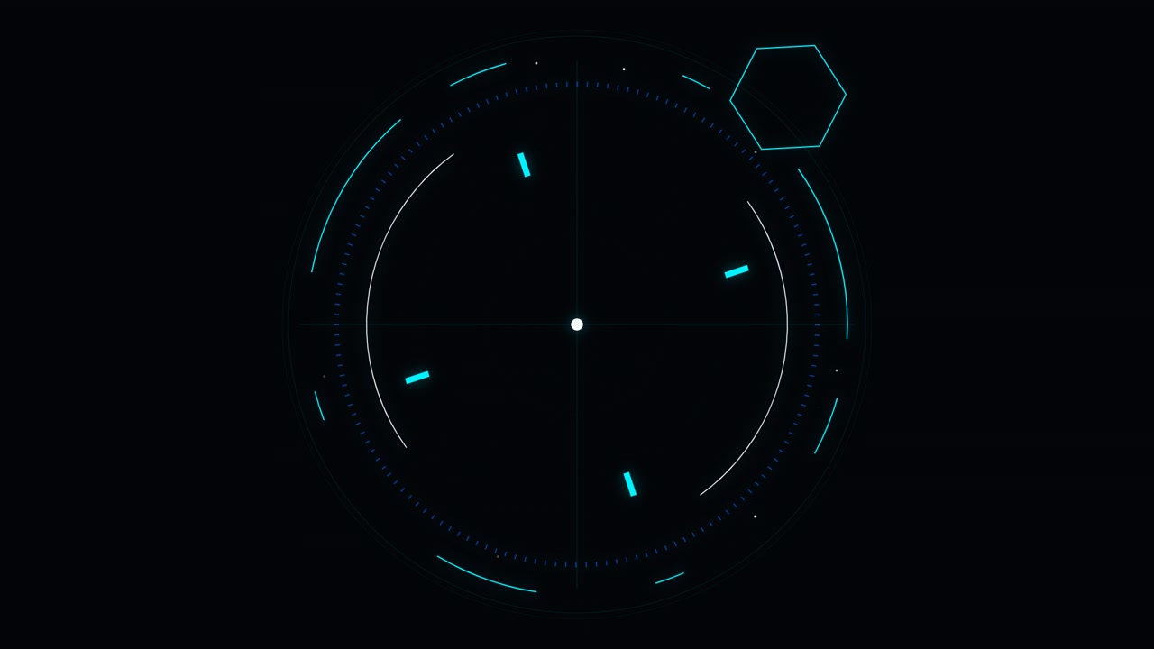 Digital HUD Interface with Rotating Hexagon and Circular Scanning Elements
