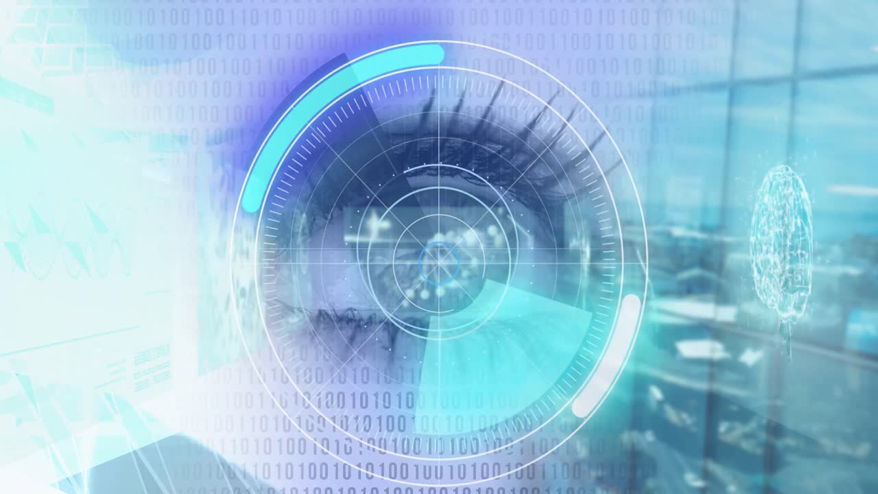 사무실 창에 대한 여성 눈의 클로즈업에 대한 둥근 스캐너와 바이너리 코딩 데이터 처리