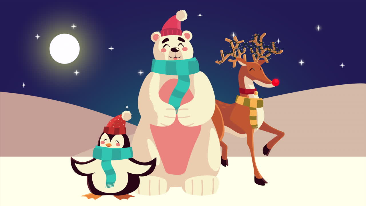 feliz animación de navidad con oso y pingüino usando sombreros de papá noel