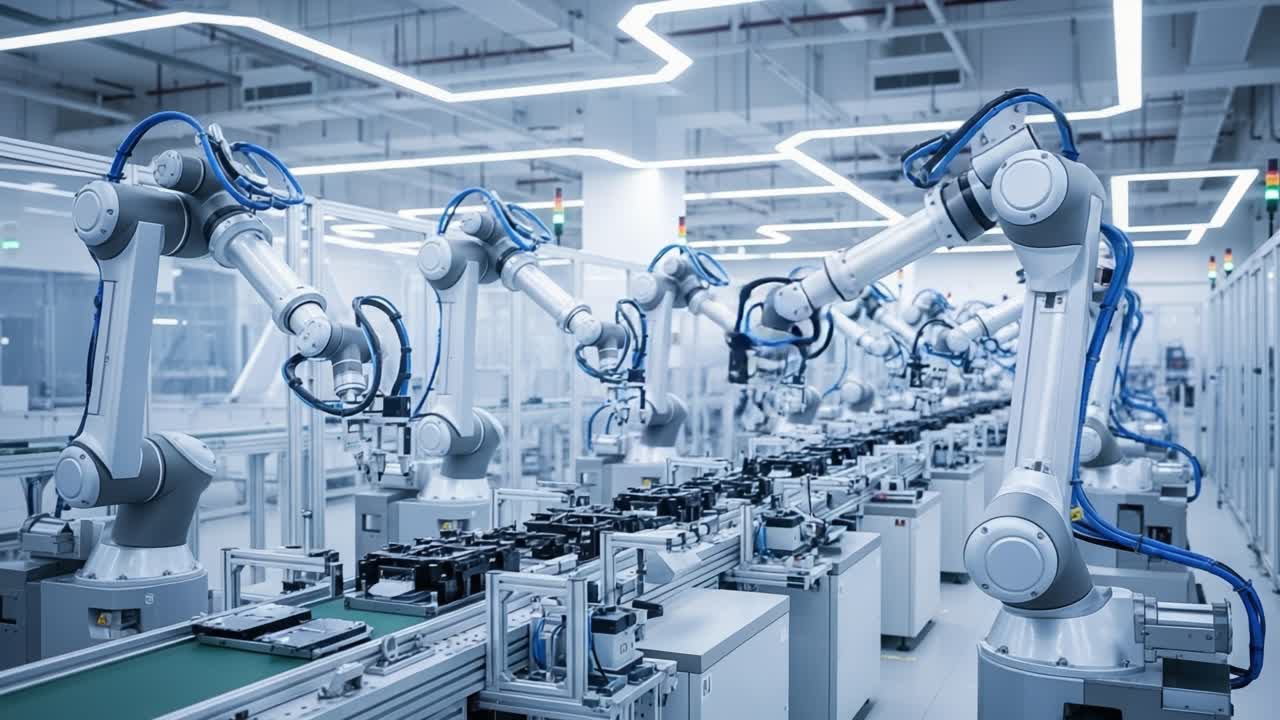 Advanced Robotic Assembly Line in a High-Tech Manufacturing Facility Showcasing Efficient Automation and Precision Engineering in Modern Production
