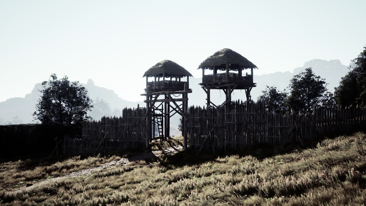 중세 요새 로 이어지는 두 개의 경비탑 을 가진 나무 문