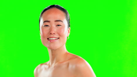 Gesicht,-Schönheitspflege-Und-Asiatische-Frau-Auf-Grün