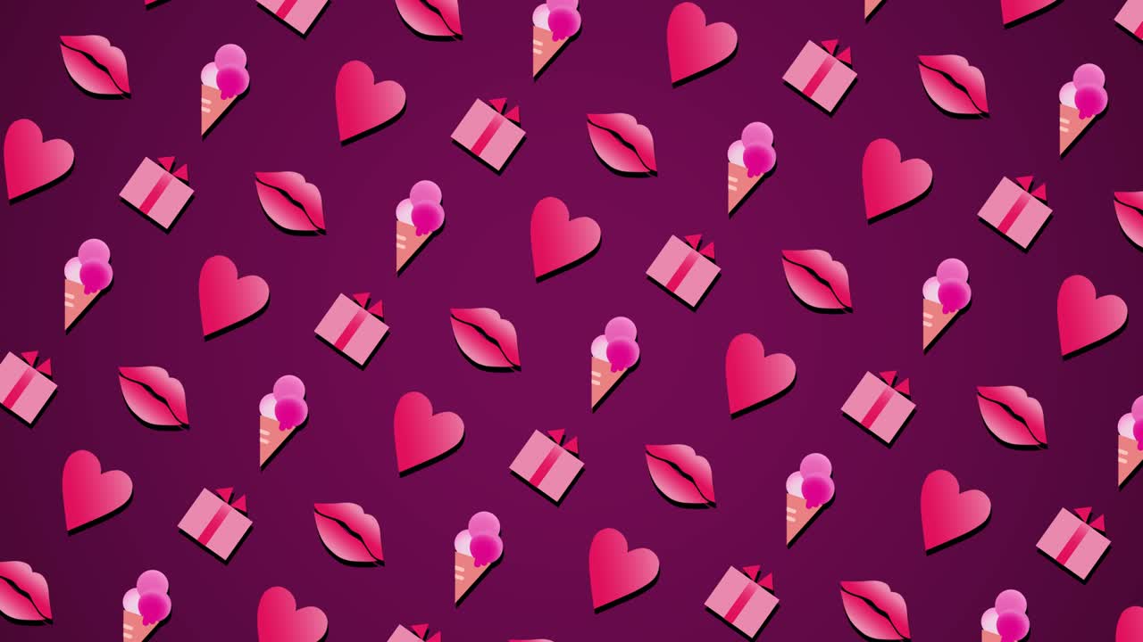 el día de san valentín con fondo de bucle sin costuras con cajas de regalos en movimiento, corazones, labios, helado. motion graphic 4k uhd video. diseño plano de forma de animación en bucle.
