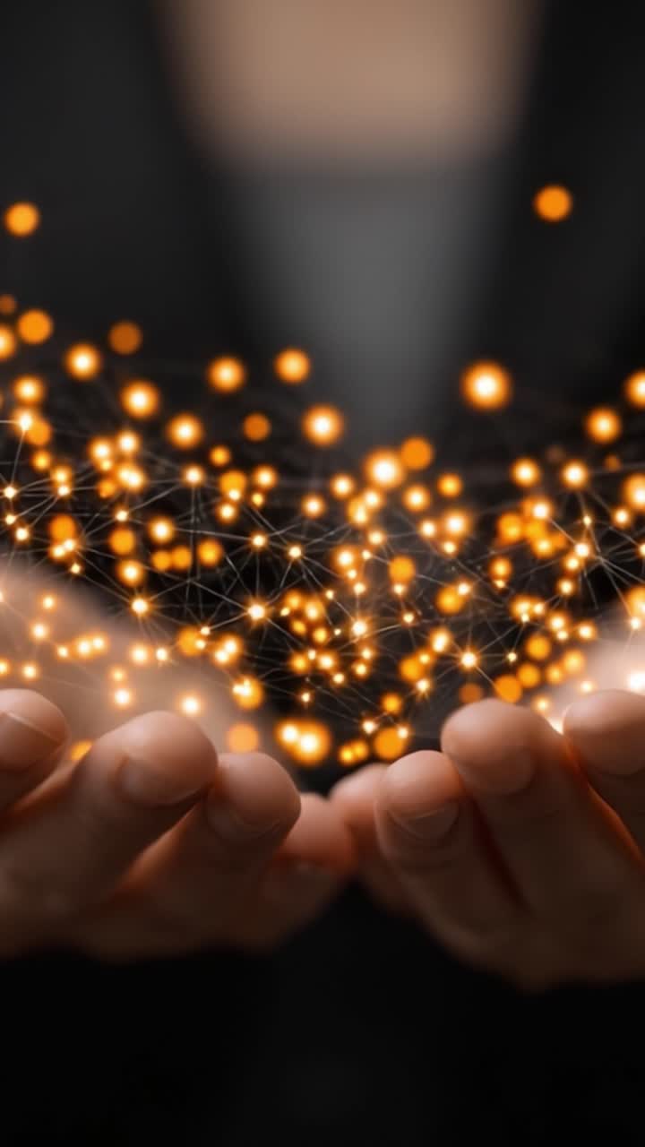 Potenziale Illuminante: Una coppia di fotogrammi che catturano il concetto di innovazione e connettività attraverso mani che abbracciano una rete di luci scintillanti.