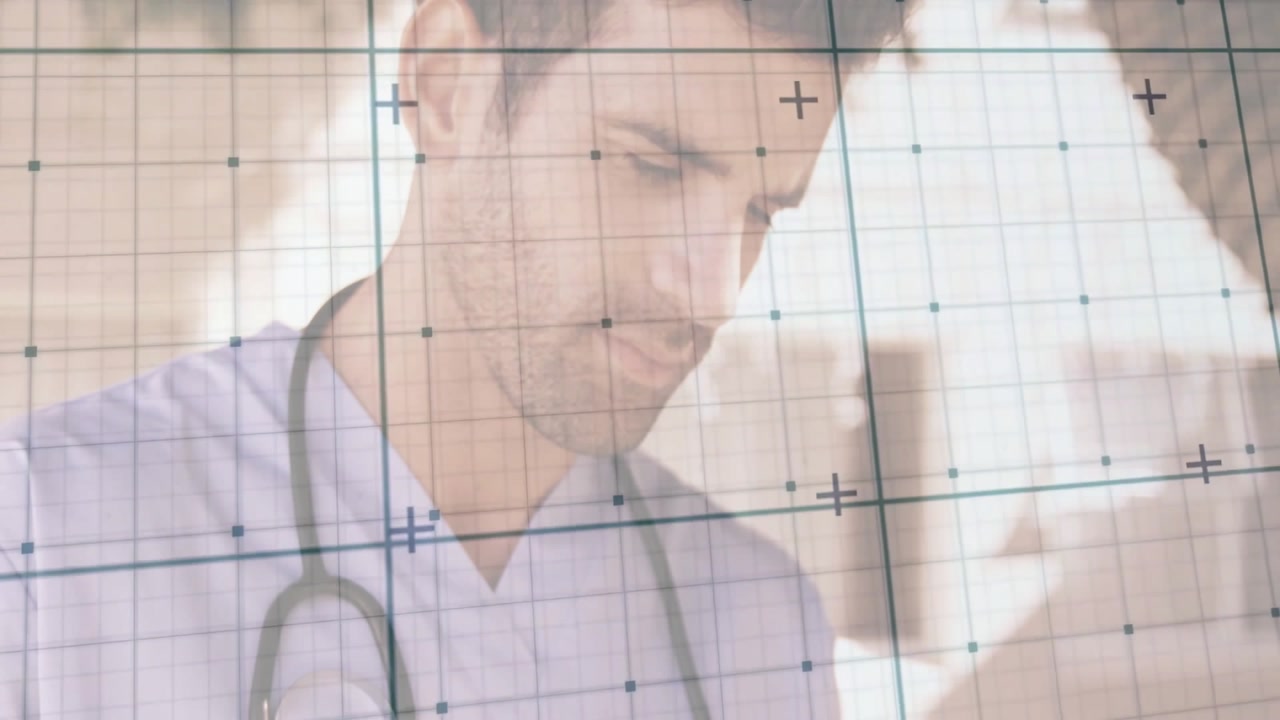 Medical doctor tapping and swiping tablet against grid overlay near stethoscope and scrolling data