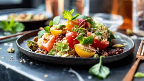 quinoa salad with colorful tomatoes, pistachios, raisins, fresh mint and herbs served on dark plate on black marble table, healthy vegetarian dish