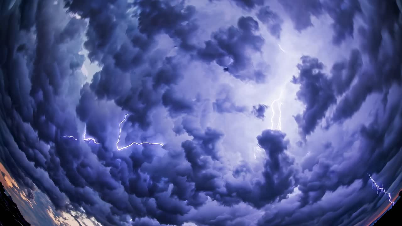 Dramatic fisheye view of stormy sky with vivid lightning, capturing nature's power