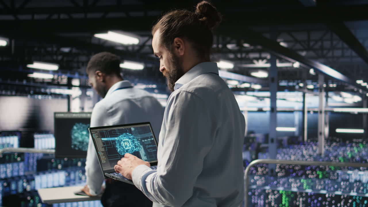 Technician holding laptop walking on server farm platform
