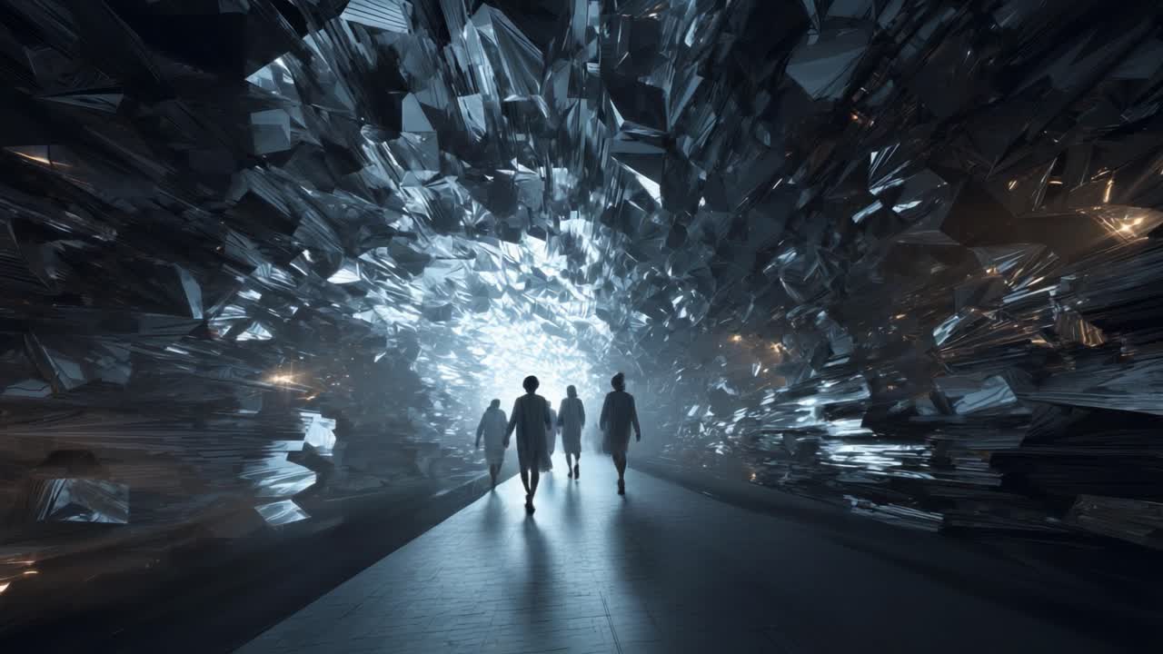 People Walking Through Abstract Crystal Tunnel