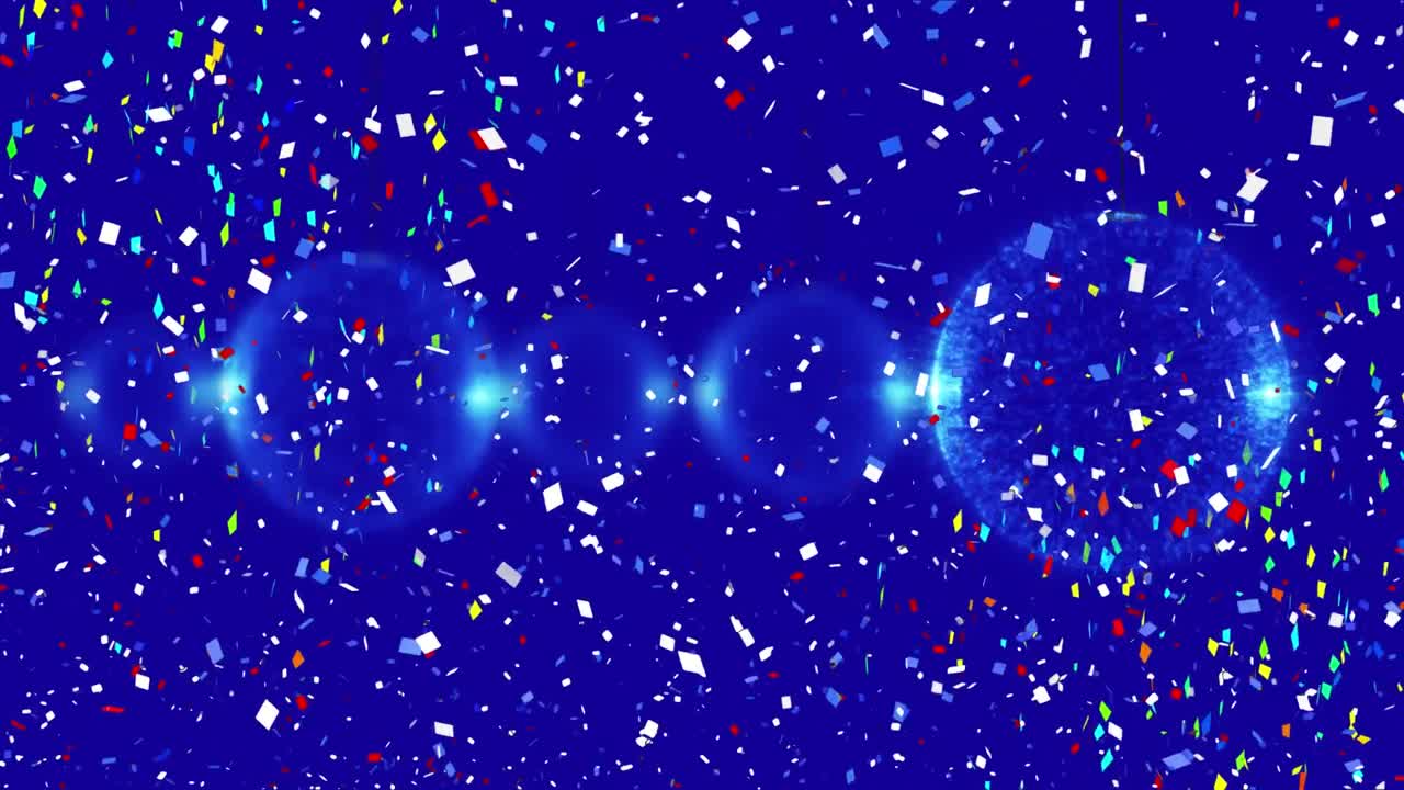 파란색 배경 에 여러 개 의 바뀌는 구슬 위 에 떨어지는 콘페티 의 디지털 애니메이션