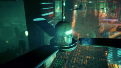 rusty ceiling fan in a futuristic cityscape