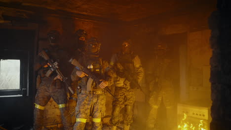 soldiers in a burning building