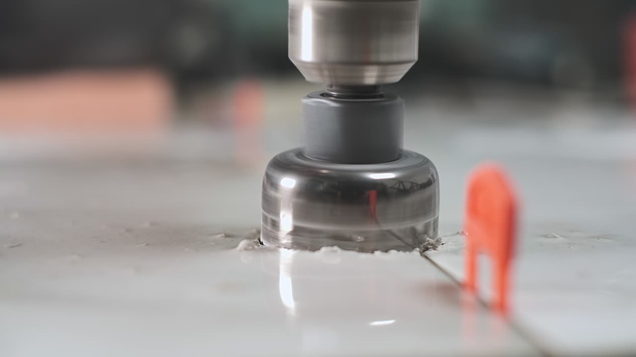 Worker drills porcelain tiles with a diamond core. Drilling tool for labor in tiles, granite or concrete products. Close-up, selective focus. The concept of renovation of premises