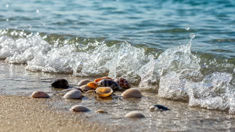 a beautiful collection of seashells on the shoreline, captured in a tranquil moment as gentle waves gently caress the sandy beach, creating a serene coastal scene