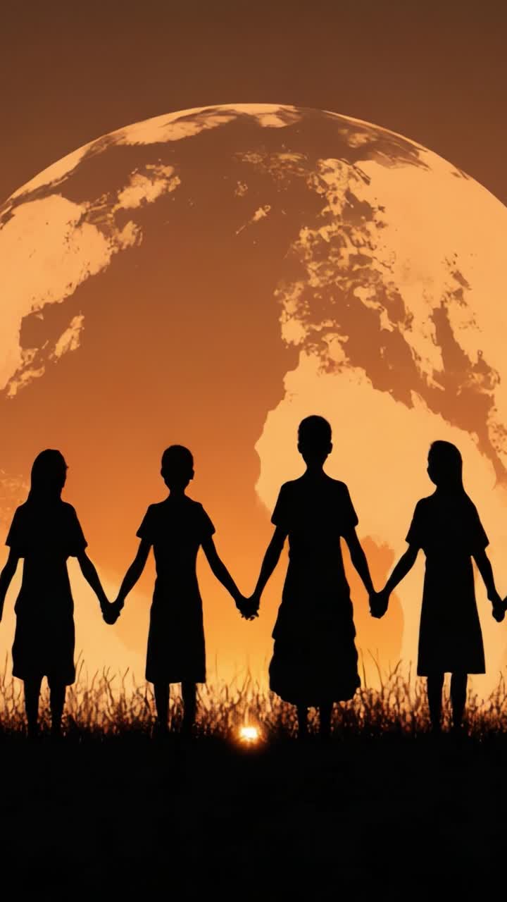 Four Silhouetted Figures Holding Hands Against a Vibrant Sunset with a Cosmic Background, Symbolizing Unity, Connection, and a Shared Hope for the Future