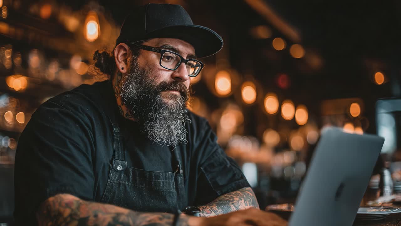 Professionista culinario concentrato impegnato nella creazione digitale in un ristorante accogliente con illuminazione calda e un'atmosfera accogliente