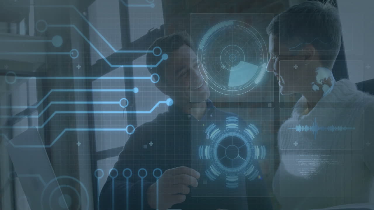 In office, two people discussing technology with futuristic digital animation overlay