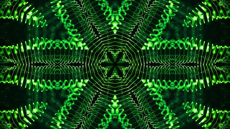 el fondo 3d de ciencia ficción en bucle de 4k con partículas verdes brillantes forman líneas, superficies, patrones, estructuras de caleidoscopio. estructuras de puntos simétricos de abstracción en movimiento.