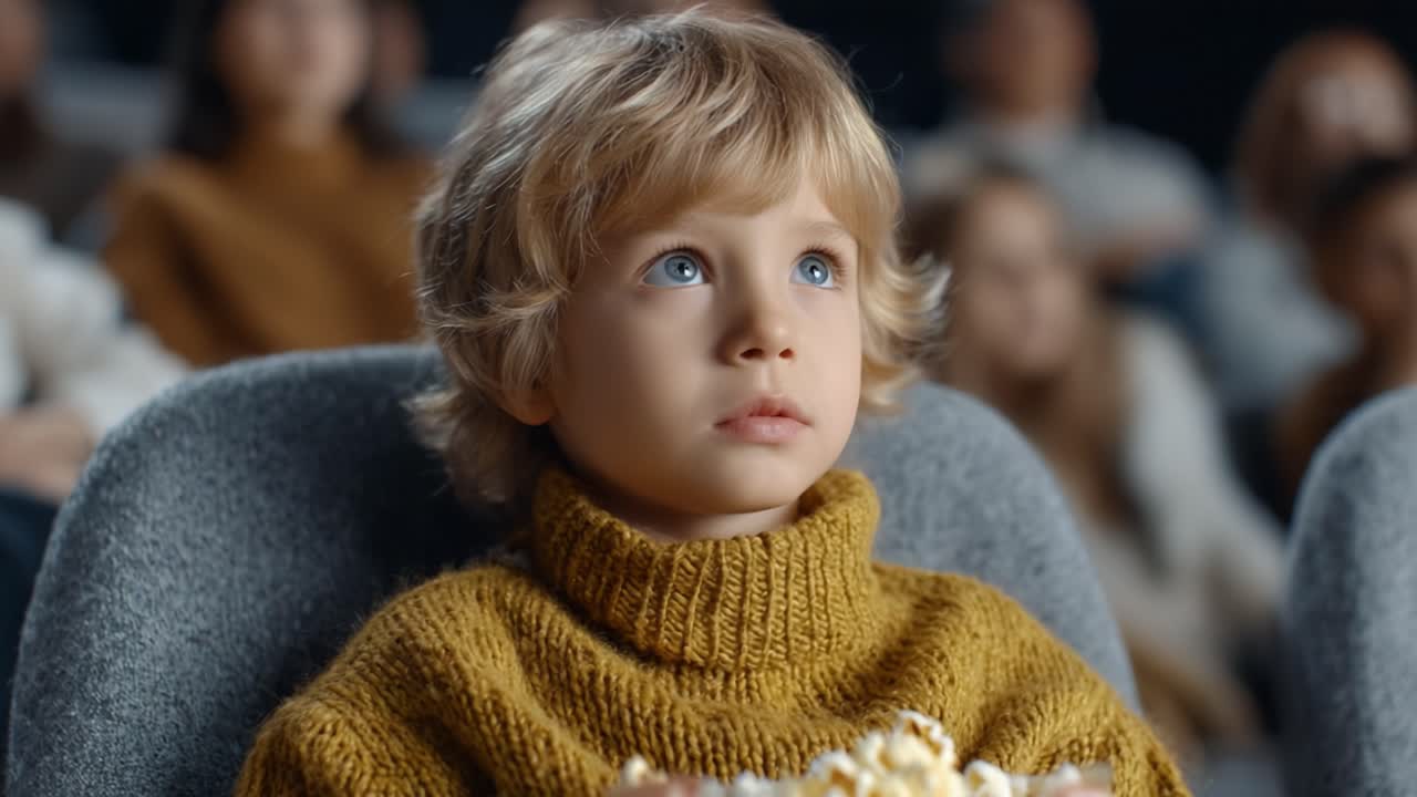 Captivated Child in a Cinema Enjoying a Movie Experience with Popcorn and Fascination in a Cozy Sweater Amidst an Engaged Audience