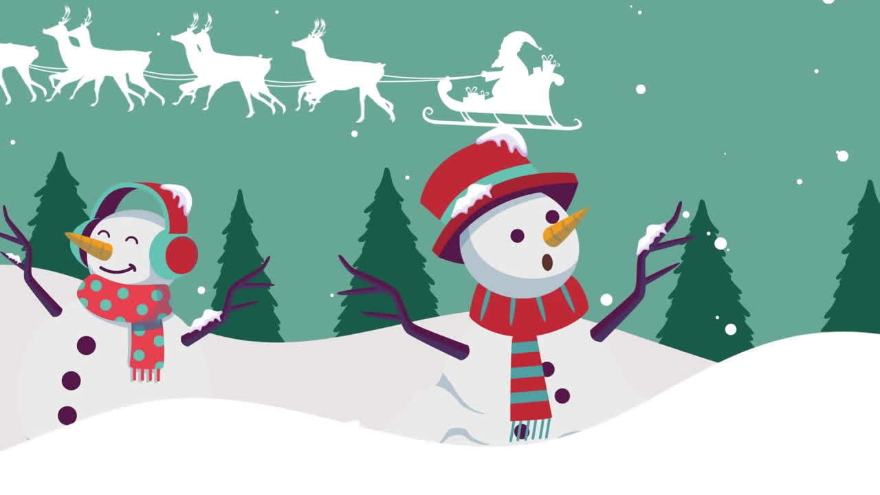 Animation of snow falling at christmas over snowmen and santa in sleigh ...