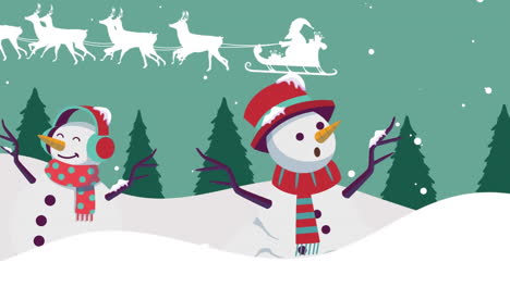 animation of snow falling at christmas over snowmen and santa in sleigh