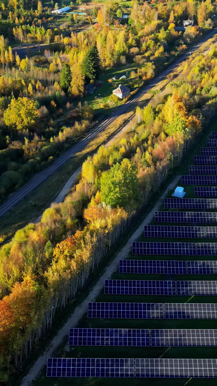 Aerial view of Joniškis captures a vibrant autumn landscape blending with solar farm and railway track