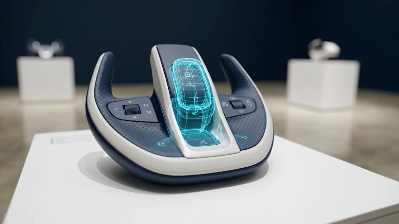 Elegant Steering Wheel Displayed in Exquisite Gallery, Showcasing Innovative Design and Technology with Futuristic Features in a Modern Exhibition Space
