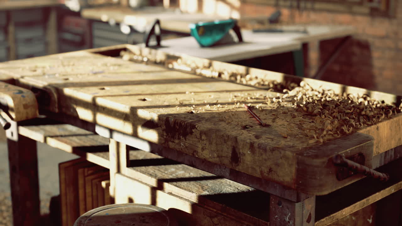 Woodworking tools and shavings on a rustic workbench during daylight hours