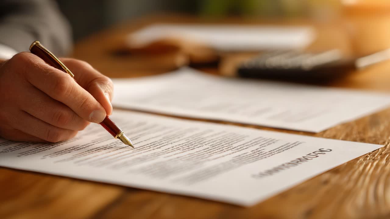 A Close-Up View of a Hand Holding a Pen While Signing Important Documents on a Wooden Table, Showcasing the Process of Documentation and Agreement
