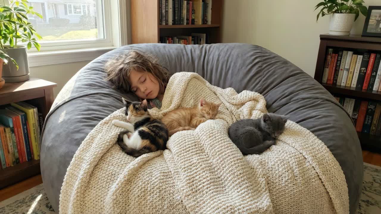 Pige, der sover med katte på en sækkestol