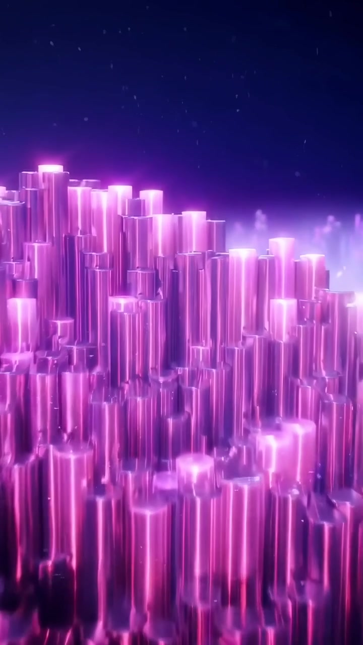 Dynamic 3D Render of Abstract Glowing Purple Cylinders and Particles