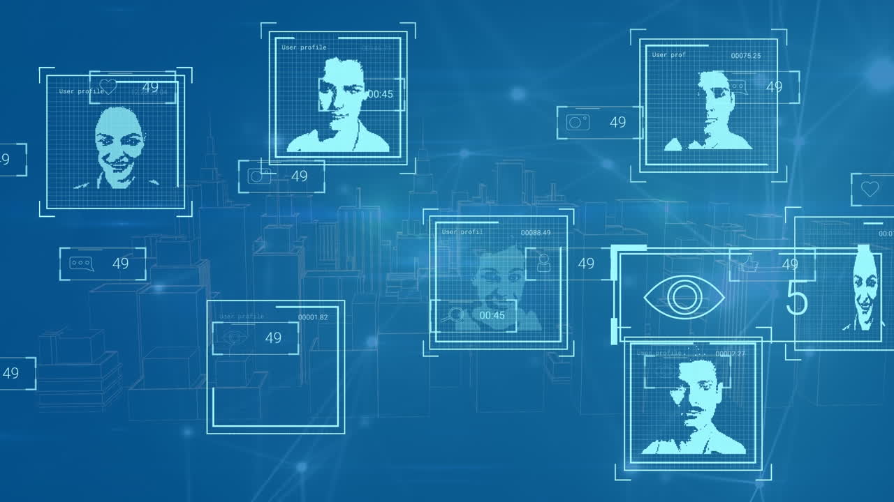 animación de las reacciones de las redes sociales, los usuarios y las conexiones sobre fondo azul