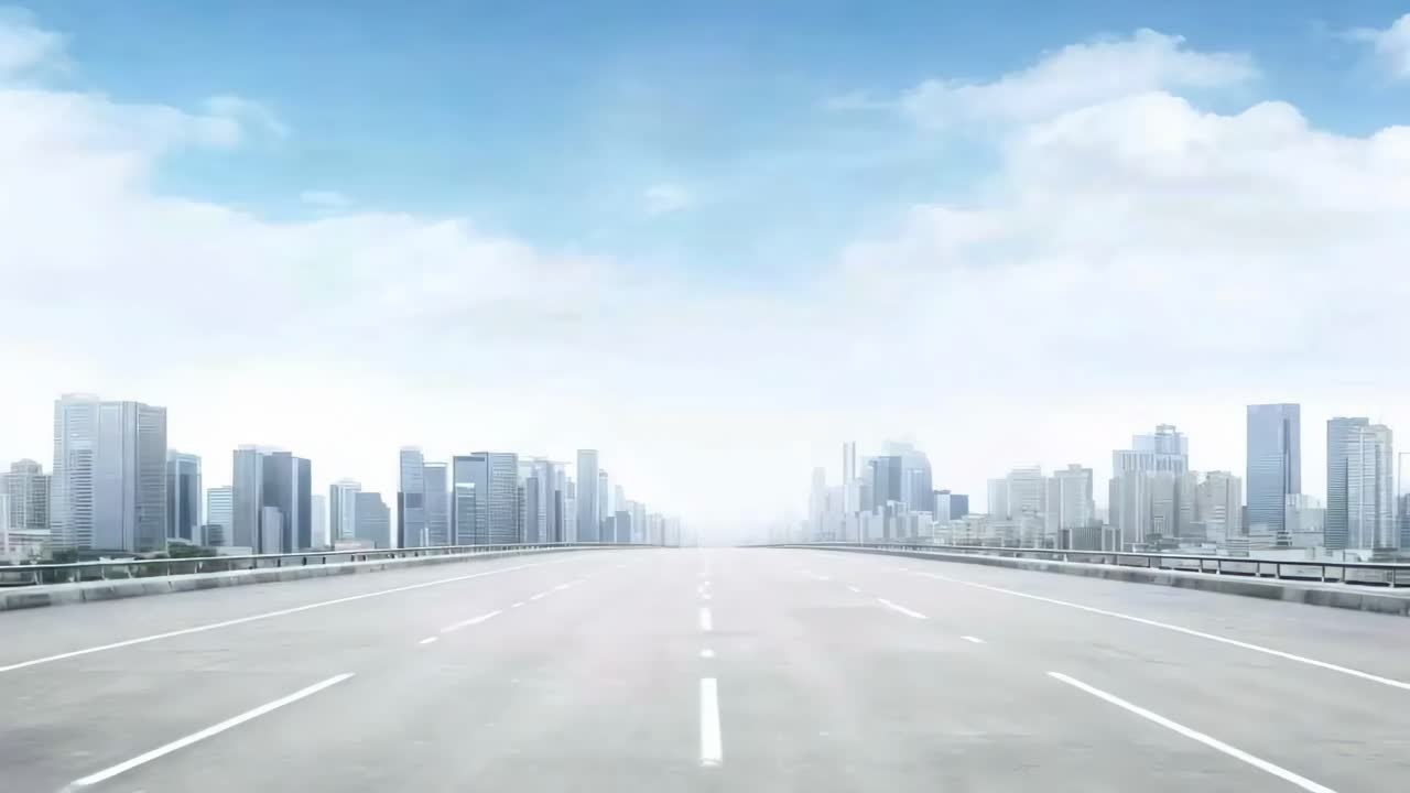 Wide-angle view of an empty highway leading to a distant city skyline under a blue sky